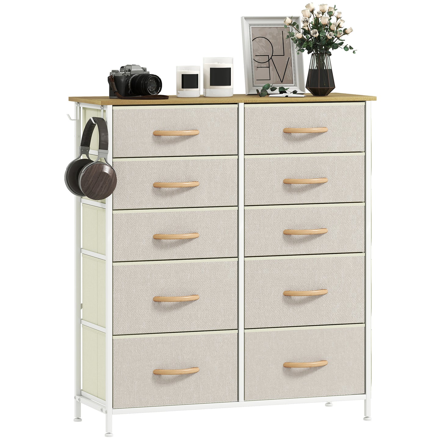 Fabric Chest of Drawers, 10 Drawer Dresser for Bedroom, Beige