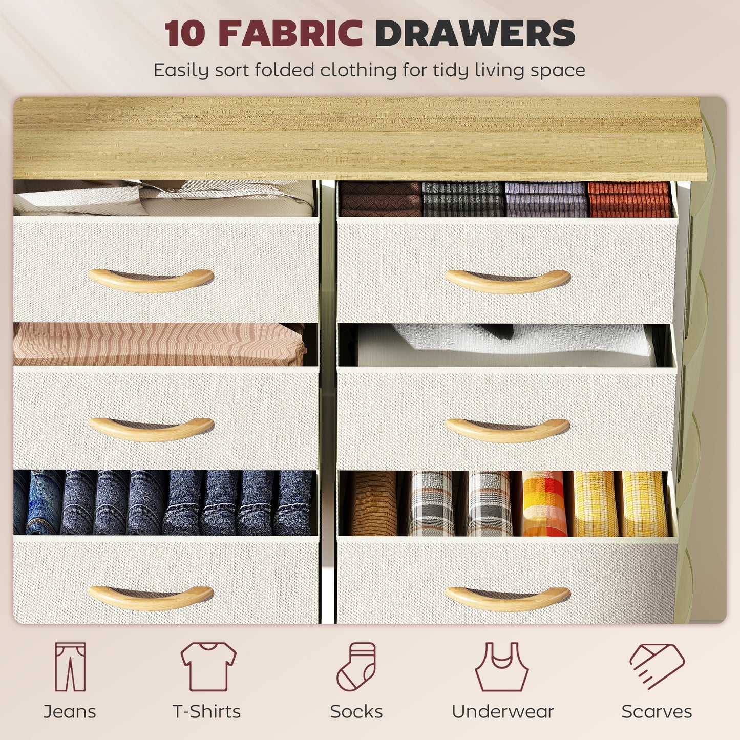 Fabric Chest of Drawers, 10 Drawer Dresser for Bedroom, Beige