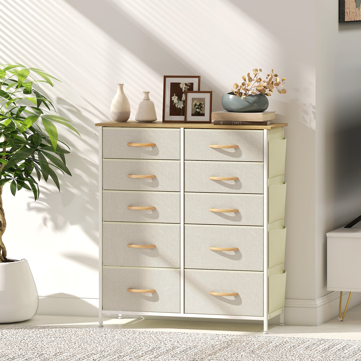 Fabric Chest of Drawers, 10 Drawer Dresser for Bedroom, Beige