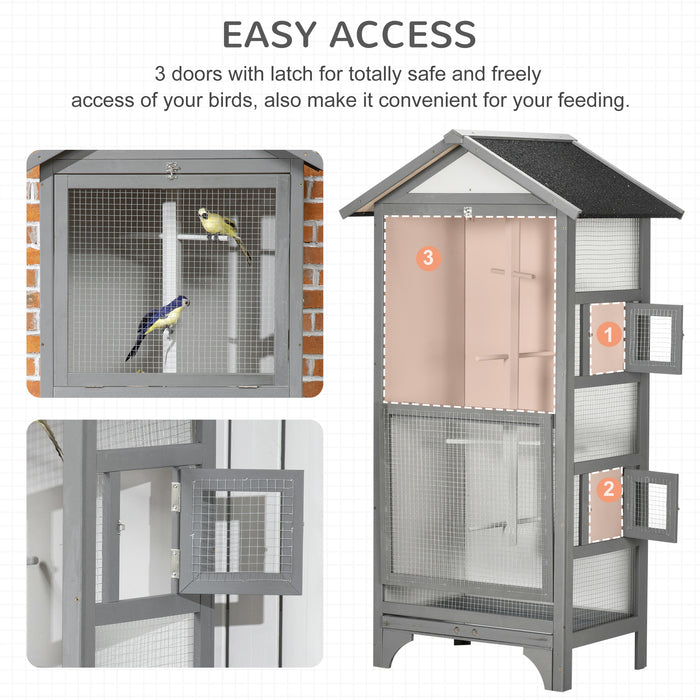 Wooden Outdoor Bird Cage, for Finches and Canaries, with Removable Tray, Asphalt Roof - Grey