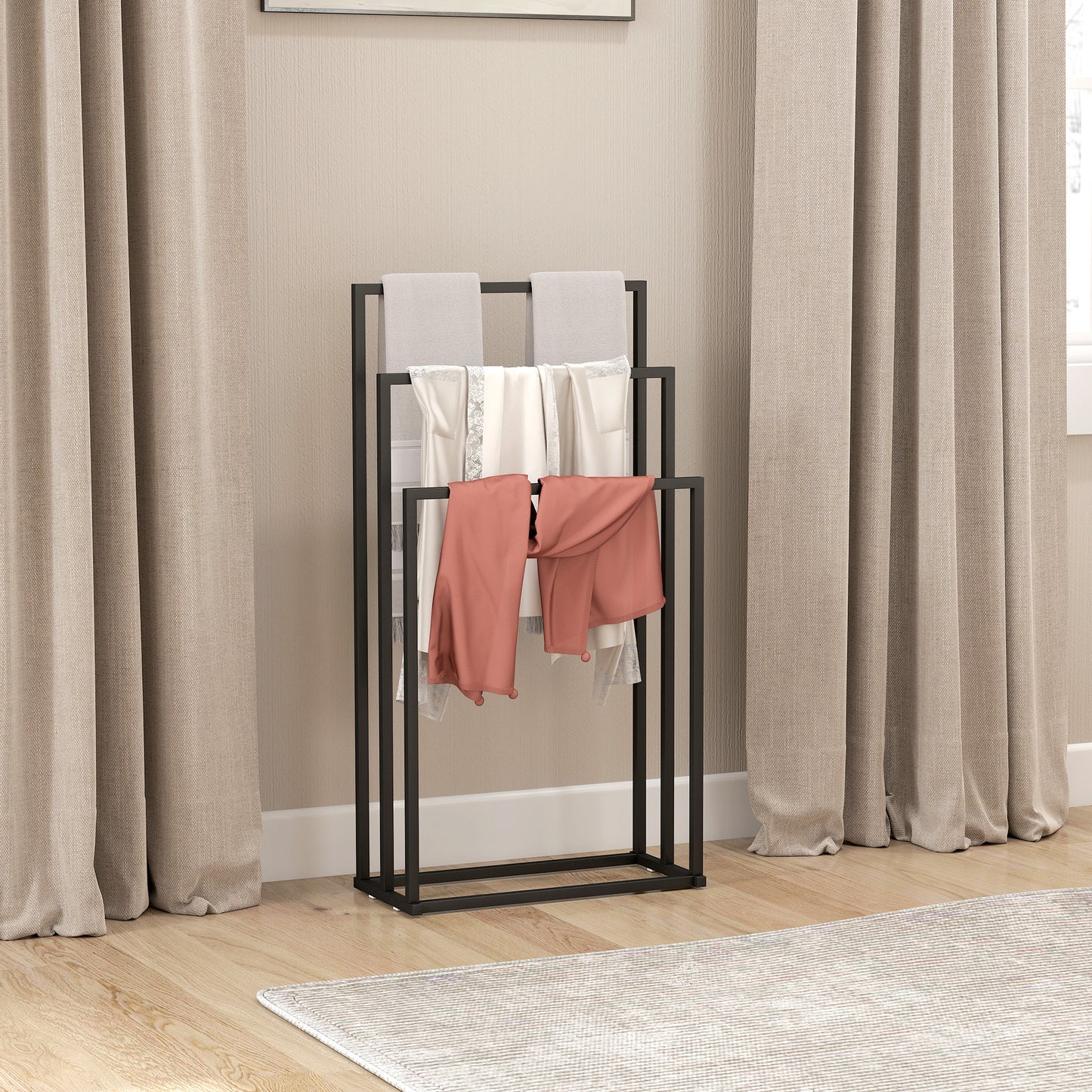 Freestanding Towel Rack, Steel Towel Rail Holder with 3 Bars, Space Saving for Home, Bathroom, 45 x 21.5 x 85 cm, Black