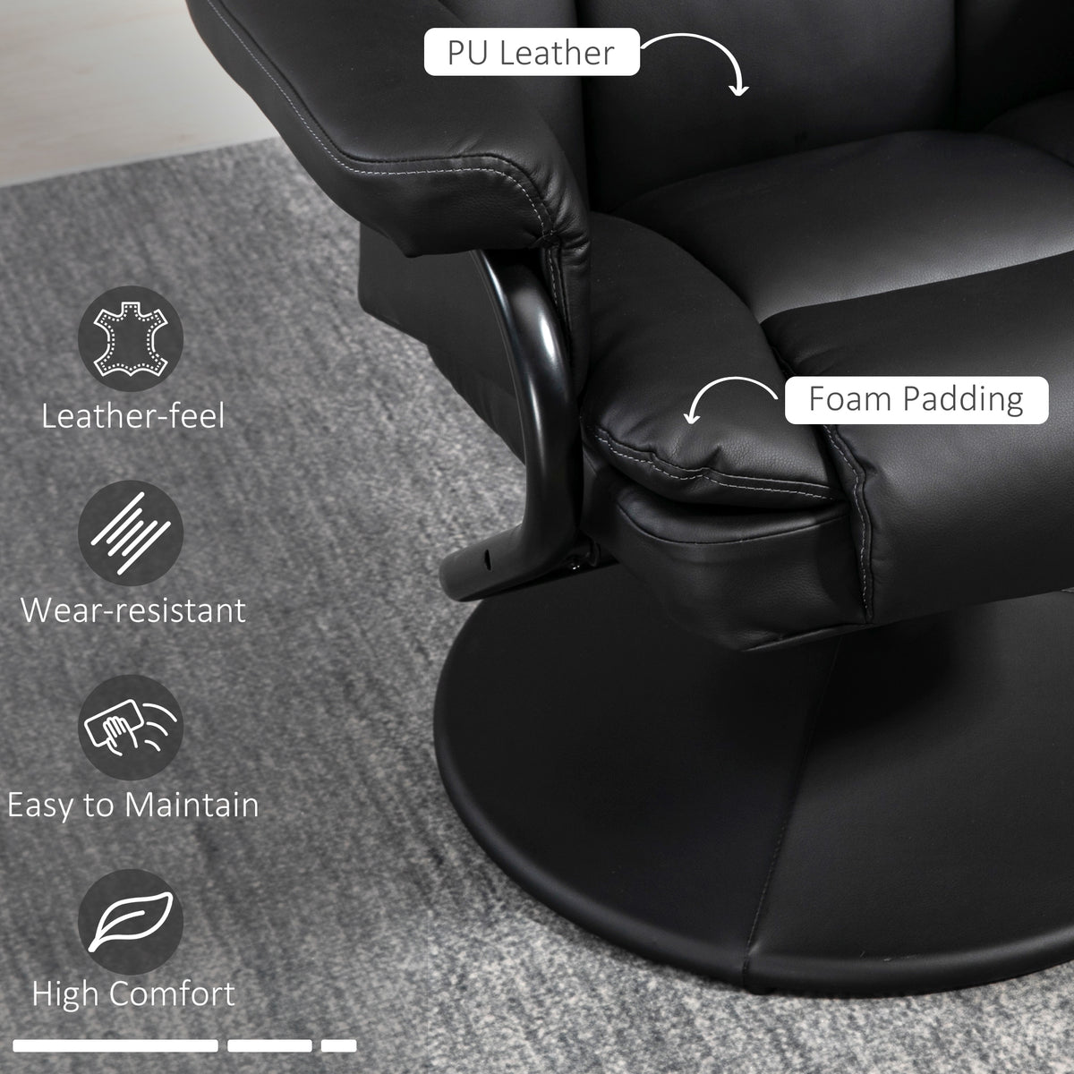 PU Leather Swivel Recliner Armchair with Ottoman, Black