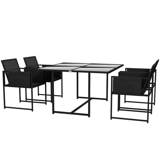 5 Piece Garden Dining Set with Breathable Mesh Seat, Adjustable Backrest, Tempered Glass Table Top for Patio, Black