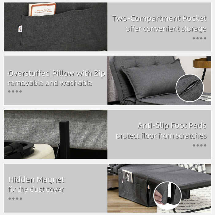 Fabric Sleeper Chair, Folding Chair Bed with Adjustable Backrest, Pillow, Side Pockets for Living Room, Charcoal Grey