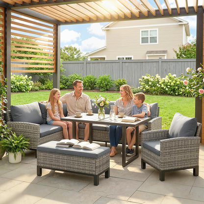 Rattan Garden Furniture Sofa Set, Outdoor Dining Set for 9, Grey
