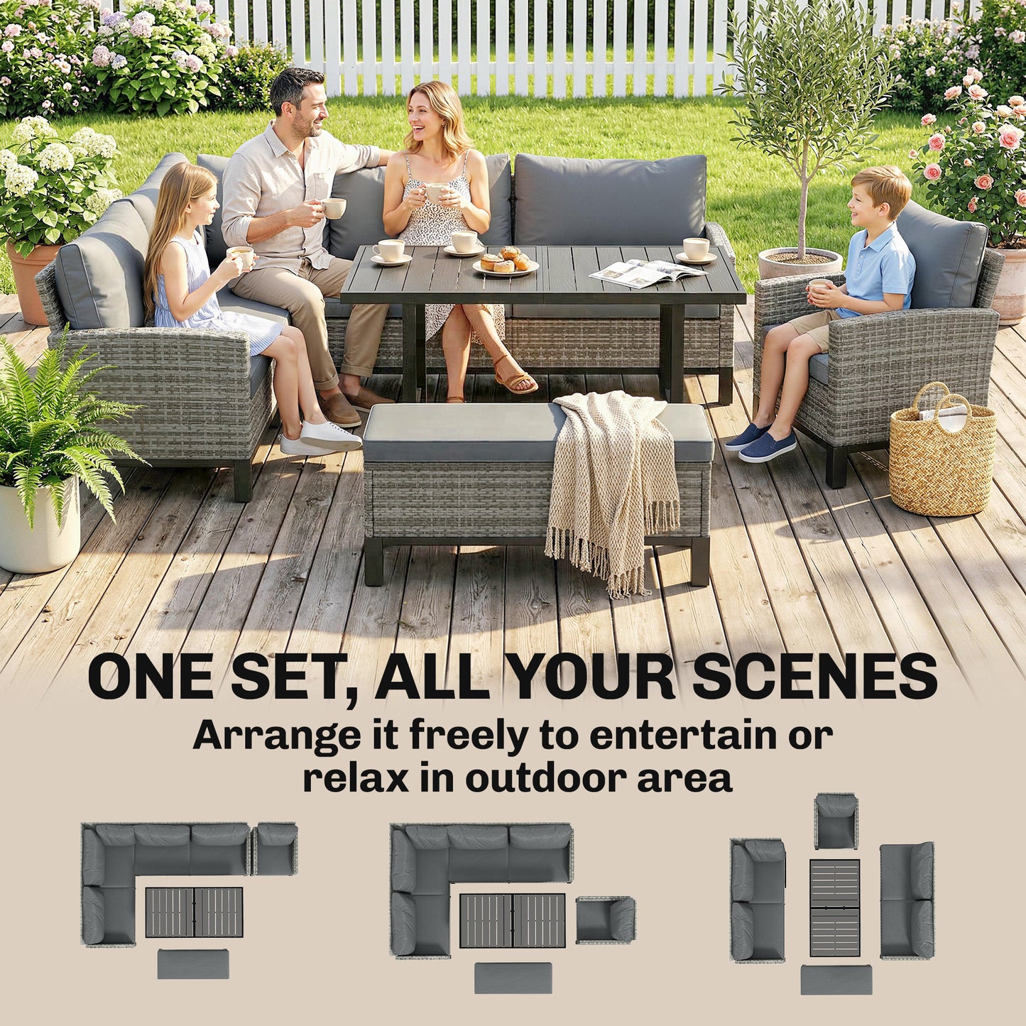 Rattan Garden Furniture Sofa Set, Outdoor Dining Set for 9, Grey