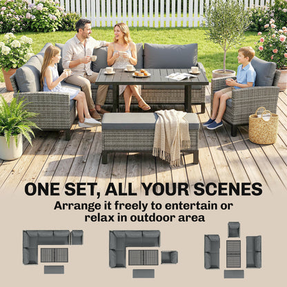Rattan Garden Furniture Sofa Set, Outdoor Dining Set for 9, Grey