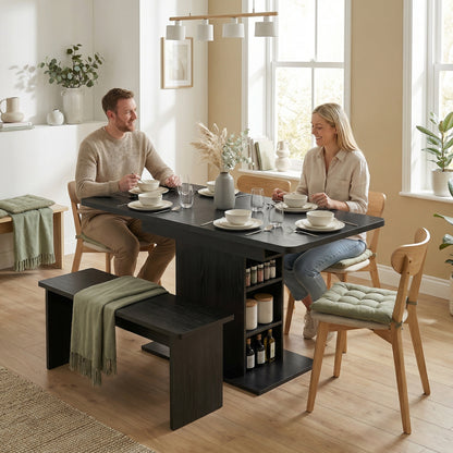Extendable Dining Table for 4-6 People, 110-130cm Kitchen Table with 6 Open Shelves, Storage Compartment for Home, Living Room, Small Spaces, Black