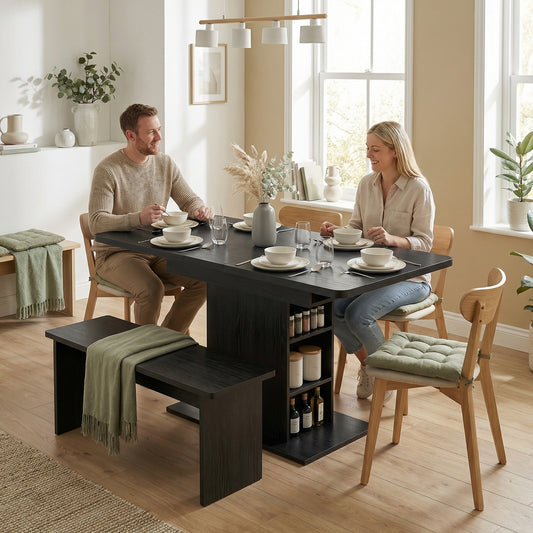 Extendable Dining Table for 4-6 People, 110-130cm Kitchen Table with 6 Open Shelves, Storage Compartment for Home, Living Room, Small Spaces, Black