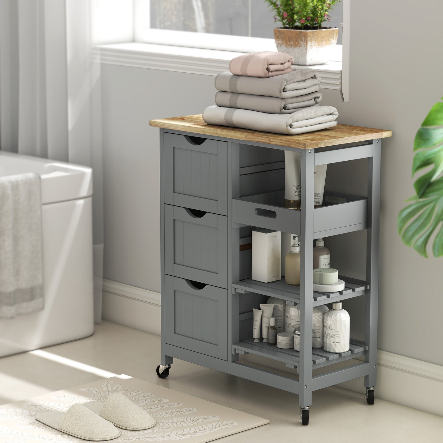 Rolling Kitchen Island Cart, Bar Serving Cart on Wheels Grey