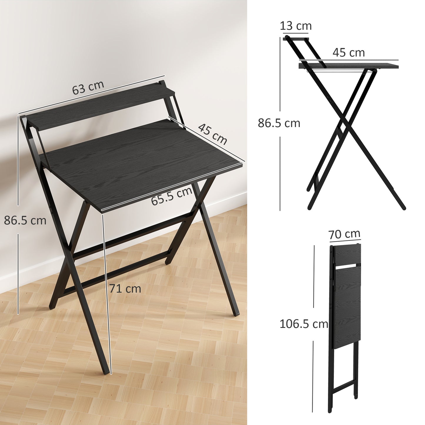 Folding Desk with Monitor Shelf, 70 cm Foldable Computer Desk for Small Spaces, Space Saving Writing Table Workstation for Home Office, Study, Easy Assembly, Black