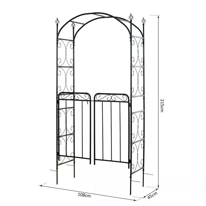 Garden Decorative Metal Arch with Gate Outdoor Patio Trellis Arbor for Climbing Plant Archway Antique Black - 108L x 45W x 215Hcm