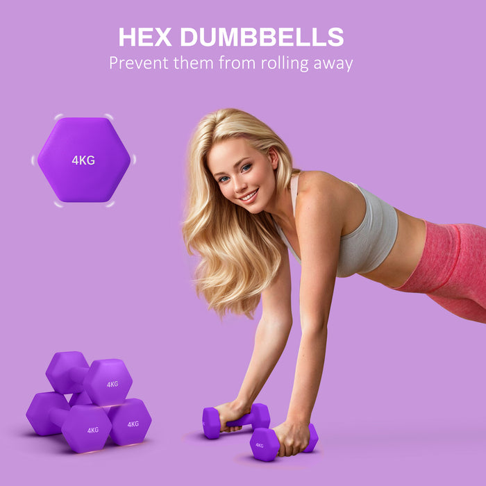 Set of 2 Hexagonal Dumbbells Weights Pair, 2 x 4kg, Purple