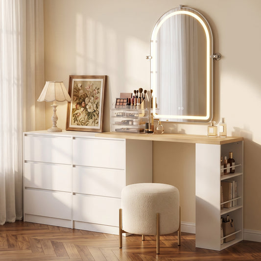 Flexible Dressing Table with 6 Drawers and 3-Tier Shelf - White & Natural Wood Finish