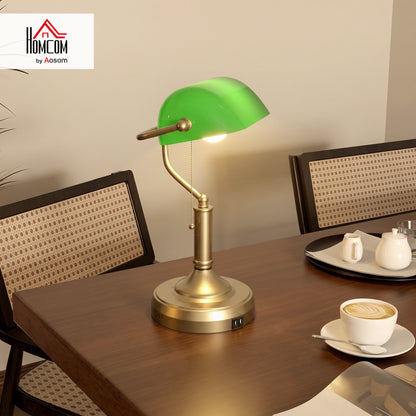 Desk Lamp with Vintage Bronze Tone Base, Pull Rope Switch, Green