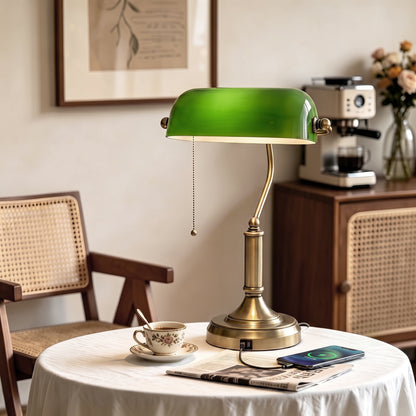 Desk Lamp with Vintage Bronze Tone Base, Pull Rope Switch, Green