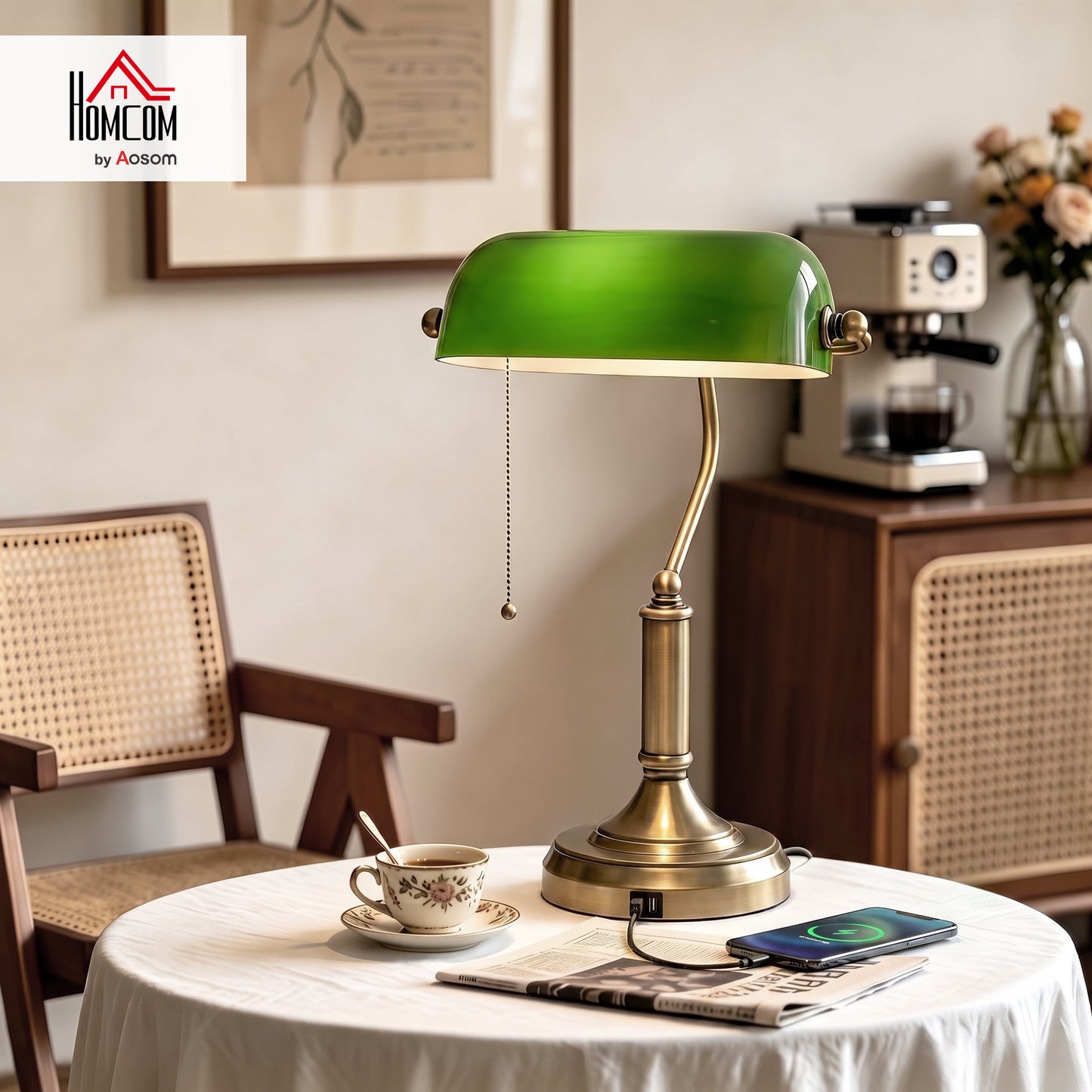 Desk Lamp with Vintage Bronze Tone Base, Pull Rope Switch, Green