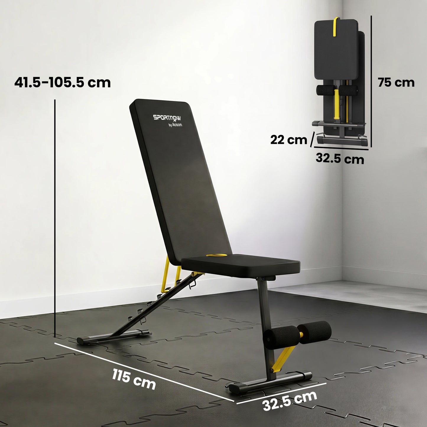 Adjustable Weight Bench for Home Gym, 300kg Incline Decline Flat Foldable Bench Press with 7 Backrest Positions and Resistance Bands, for Full Body Strength Training Weight Lifting, Yellow