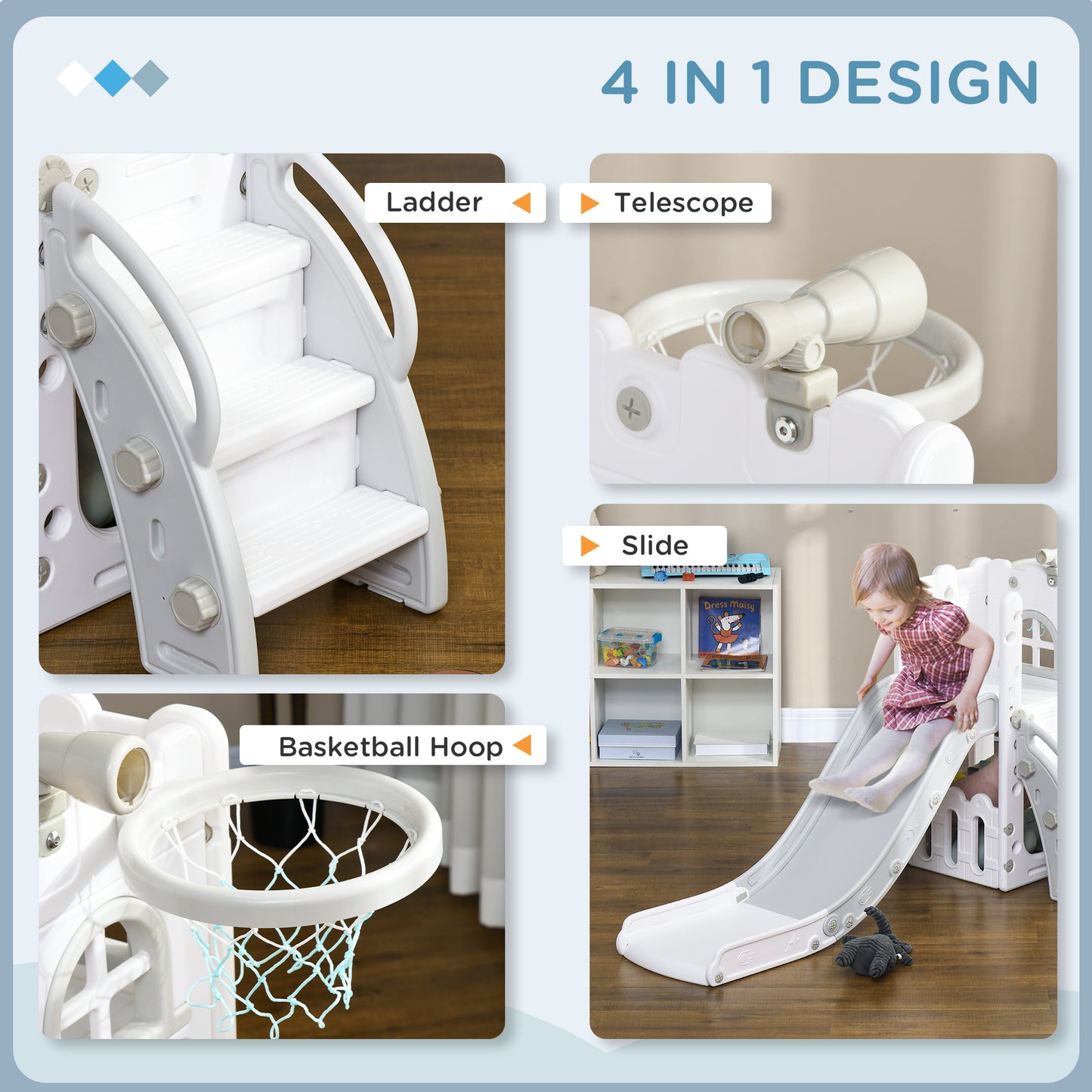 4 in 1 Kids Slide for Indoor Use, for Toddlers 1-3 Years, Grey