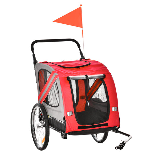 Dog Bike Trailer 2-in-1 Pet Stroller Cart Bicycle Carrier Attachment for Travel in steel frame with Universal Wheel Reflectors Flag Red