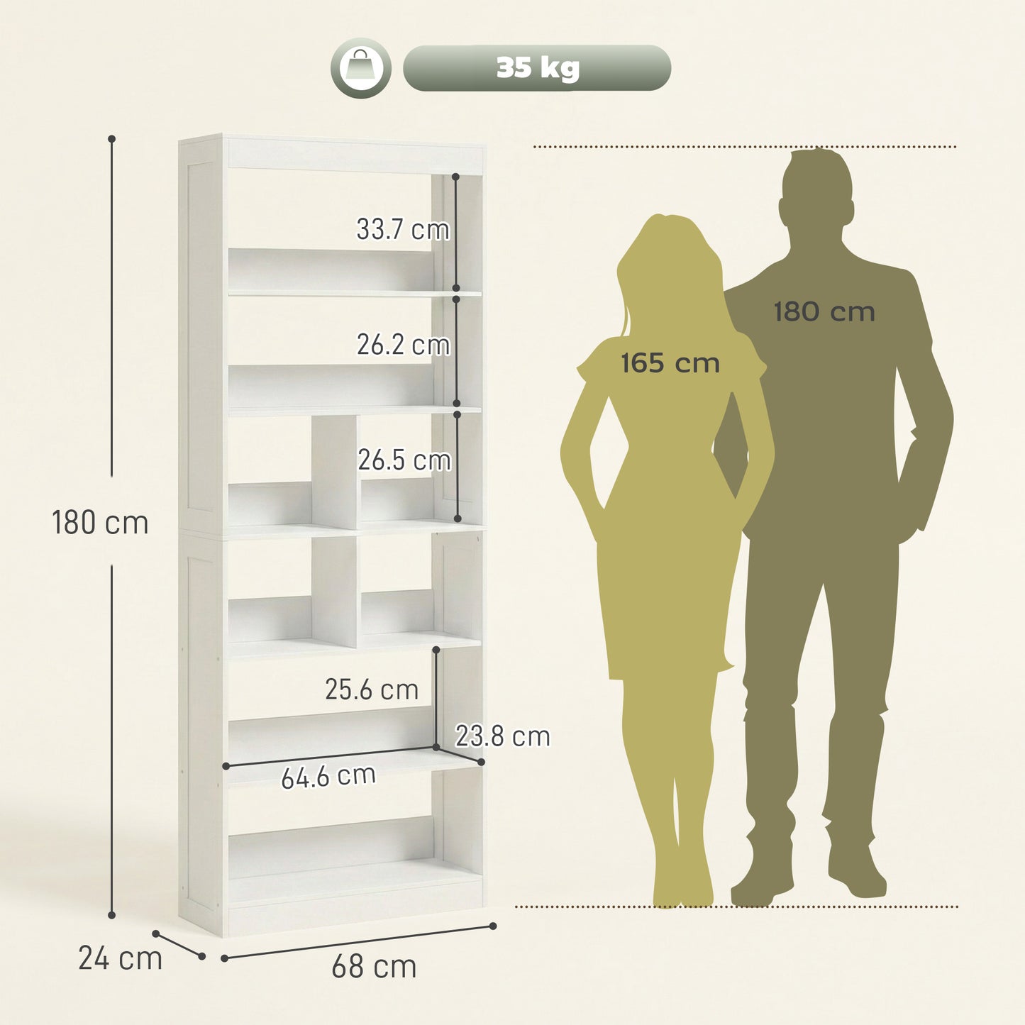 Bookcase, 6-Tier Bookshelf with 4 Open Storage Shelves, 4 Cubes, 68 x 24 x 180 cm Tall Display Shelf with Anti-Tipping Design for Living Room, Bedroom, Study, White