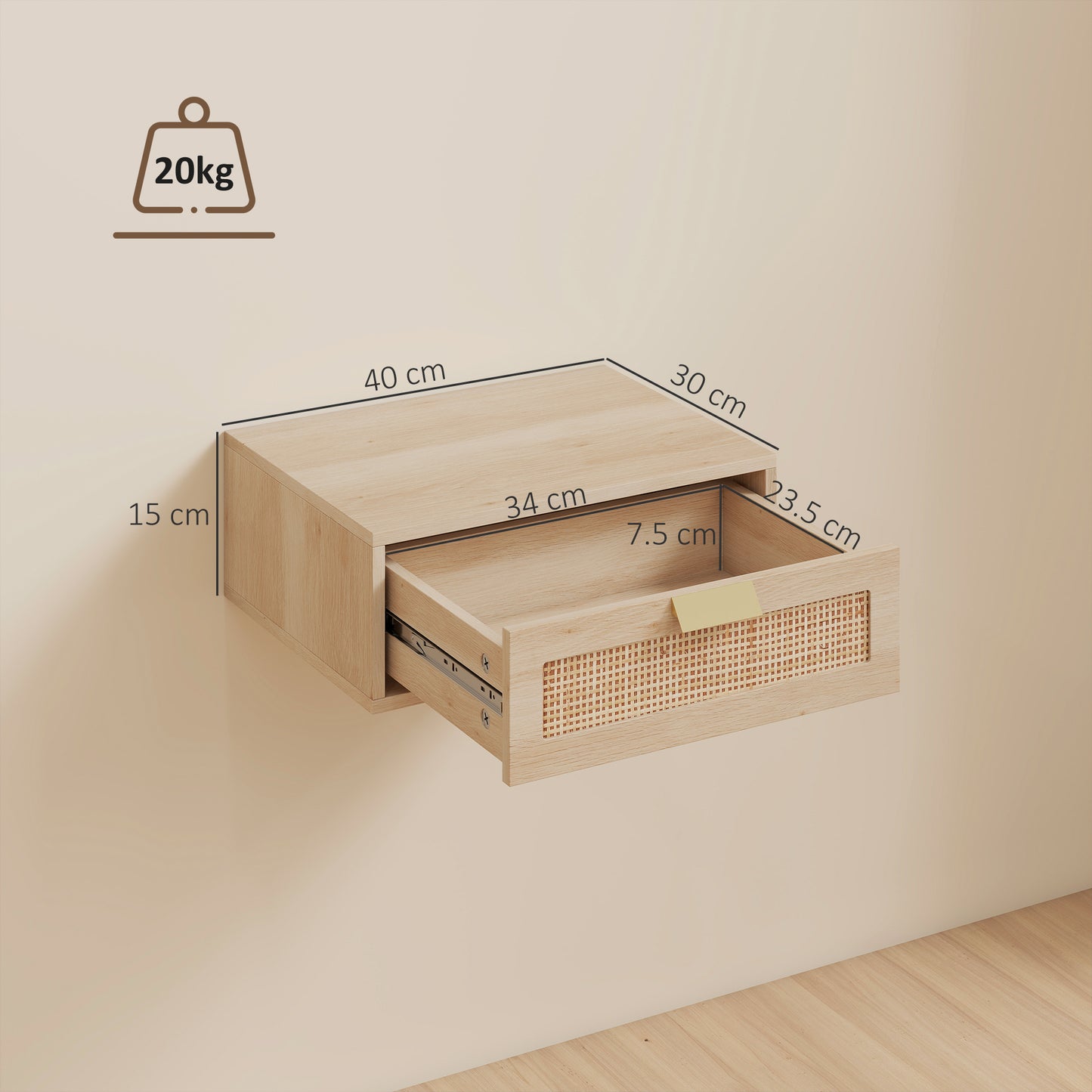 Floating Bedside Tables Set of 2, Boho Nightstands with Rattan Drawer