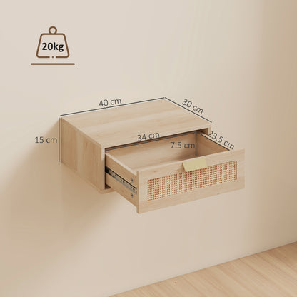 Floating Bedside Tables Set of 2, Boho Nightstands with Rattan Drawer