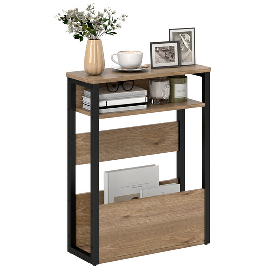 Narrow Side Table with Storage, Bedside End Table, Walnut Brown
