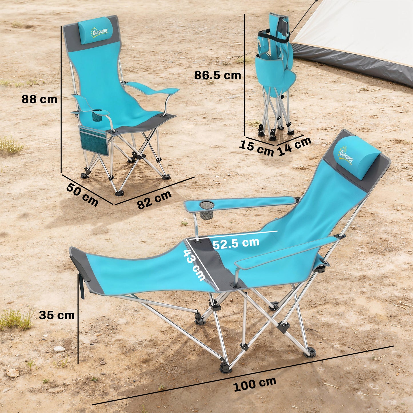 Set of 2 Reclining Camping Chairs, Blue and Grey