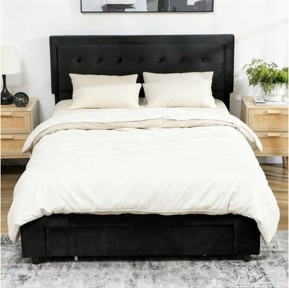 Upholstered Bed Frame with Storage Drawer and Adjustable Headboard, 5ft King Size Ottoman Bed with Gas Lift End Opening, Wooden Slats, No Mattress, Black