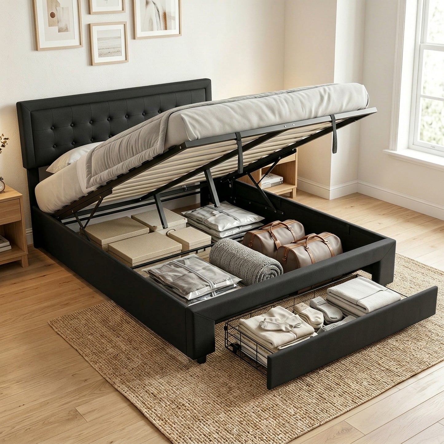 Upholstered Ottoman Bed with Storage Drawer and Adjustable Headboard, 5ft King Size Bed Frame with Gas Lift End Opening, Wooden Slats, No Mattress, Black