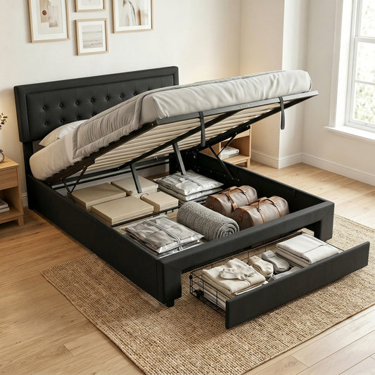 Upholstered Ottoman Bed with Storage Drawer and Adjustable Headboard, 5ft King Size Bed Frame with Gas Lift End Opening, Wooden Slats, No Mattress, Black