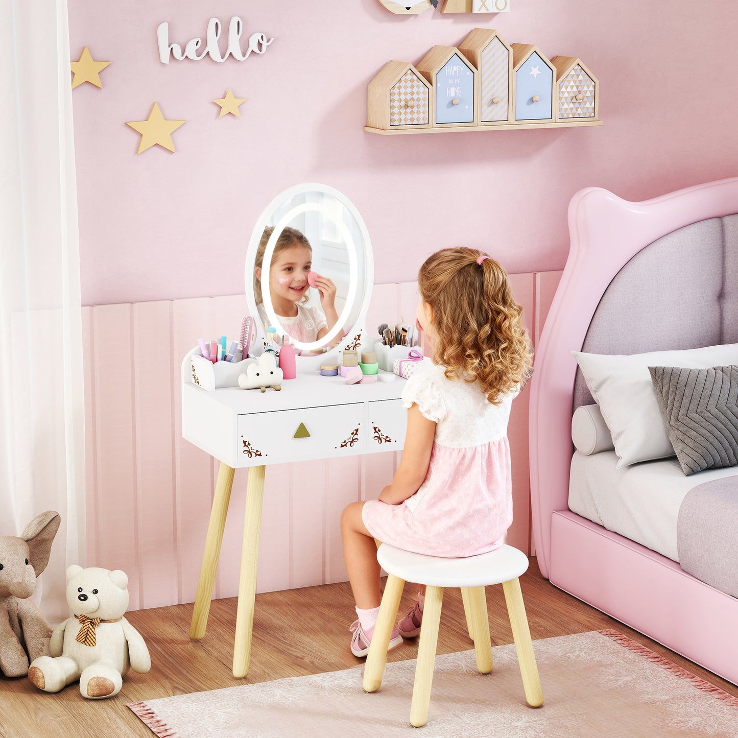 Kids Vanity Table and Chair Set with 3-Colour LED Lights Mirror