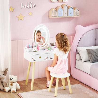 Kids Vanity Table and Chair Set with 3-Colour LED Lights Mirror