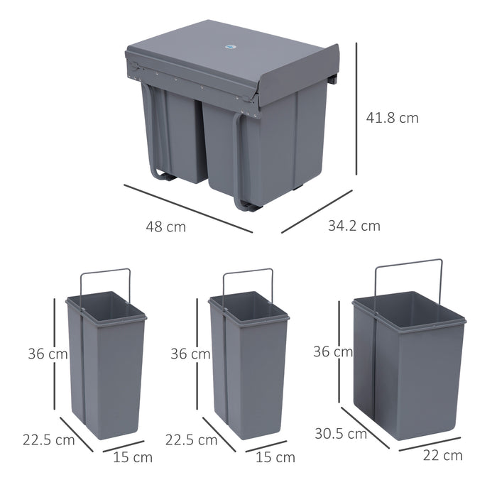 Kitchen Recycle Waste Bin Pull Out Soft Close Dustbin Recycling Cabinet Trash Can Grey (40L (1x20L+2x10L))