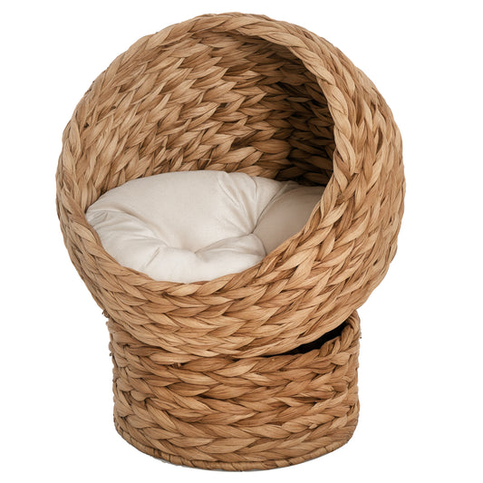 Wicker Cat House, Raised Cat Bed with Cylindrical Base, 50 x 42 x 60 cm