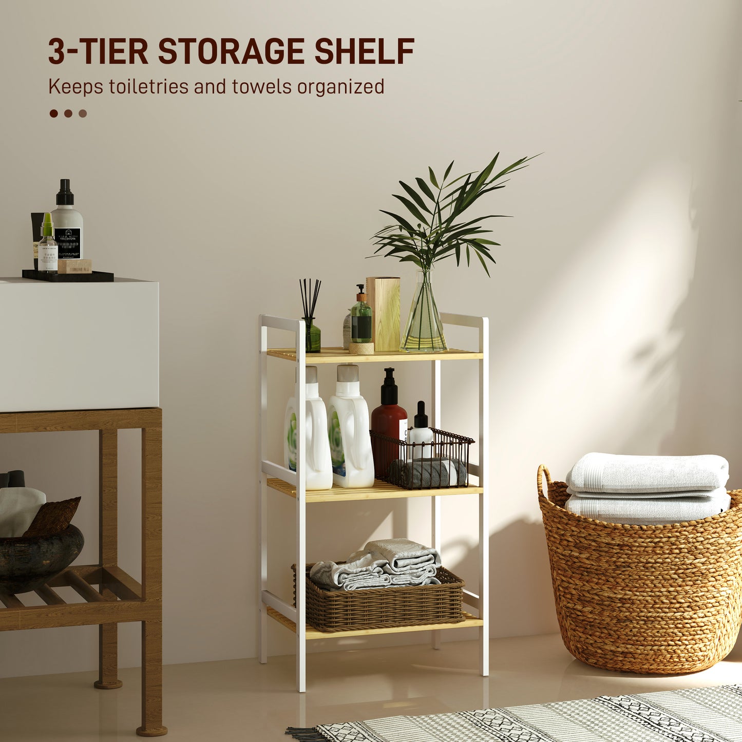 3-Tier Bamboo Bathroom Storage Shelf with Adjustable Rack, Natural