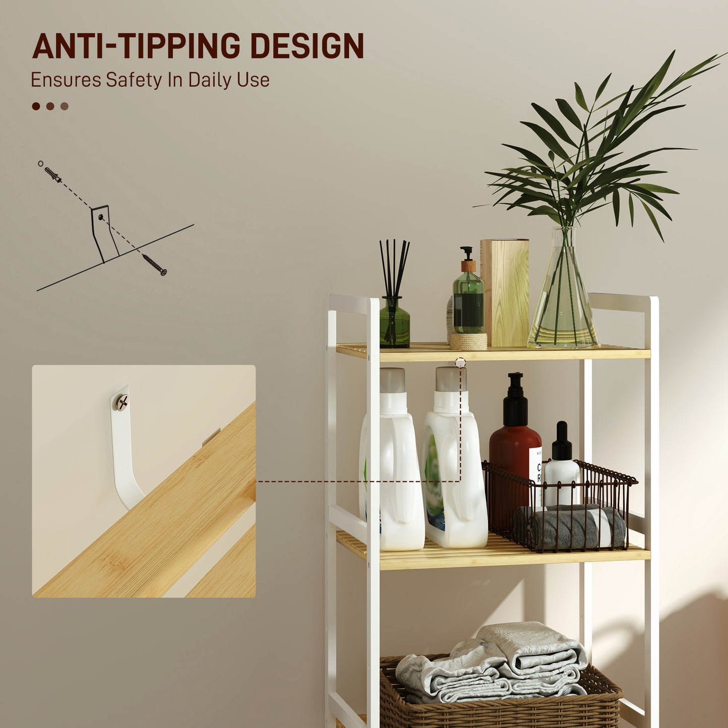 3-Tier Bamboo Bathroom Storage Shelf with Adjustable Rack, Natural