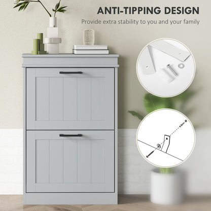 Slim Shoe Storage Cabinet with 2 Flip Drawers for Entryway, Grey
