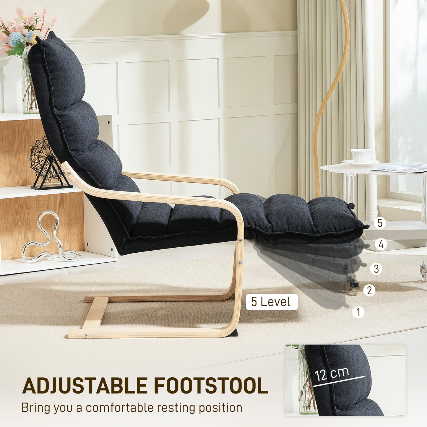 Birch Wood Lounge Chair for Living Room, Bedroom, Black