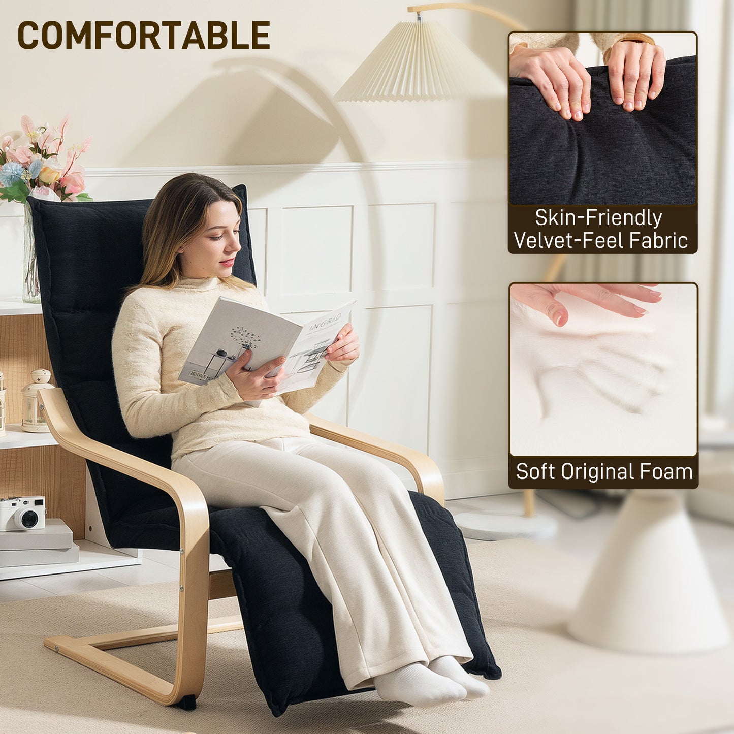 Birch Wood Lounge Chair for Living Room, Bedroom, Black