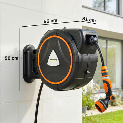 Retractable Hose Reel Wall Mounted, 23+2m Garden Hose Pipe Reel with Auto Retraction, Self-Locking, Slow Return System, 180° Swivel Bracket, 12-Pattern Nozzles and Faucet Adaptor, Orange