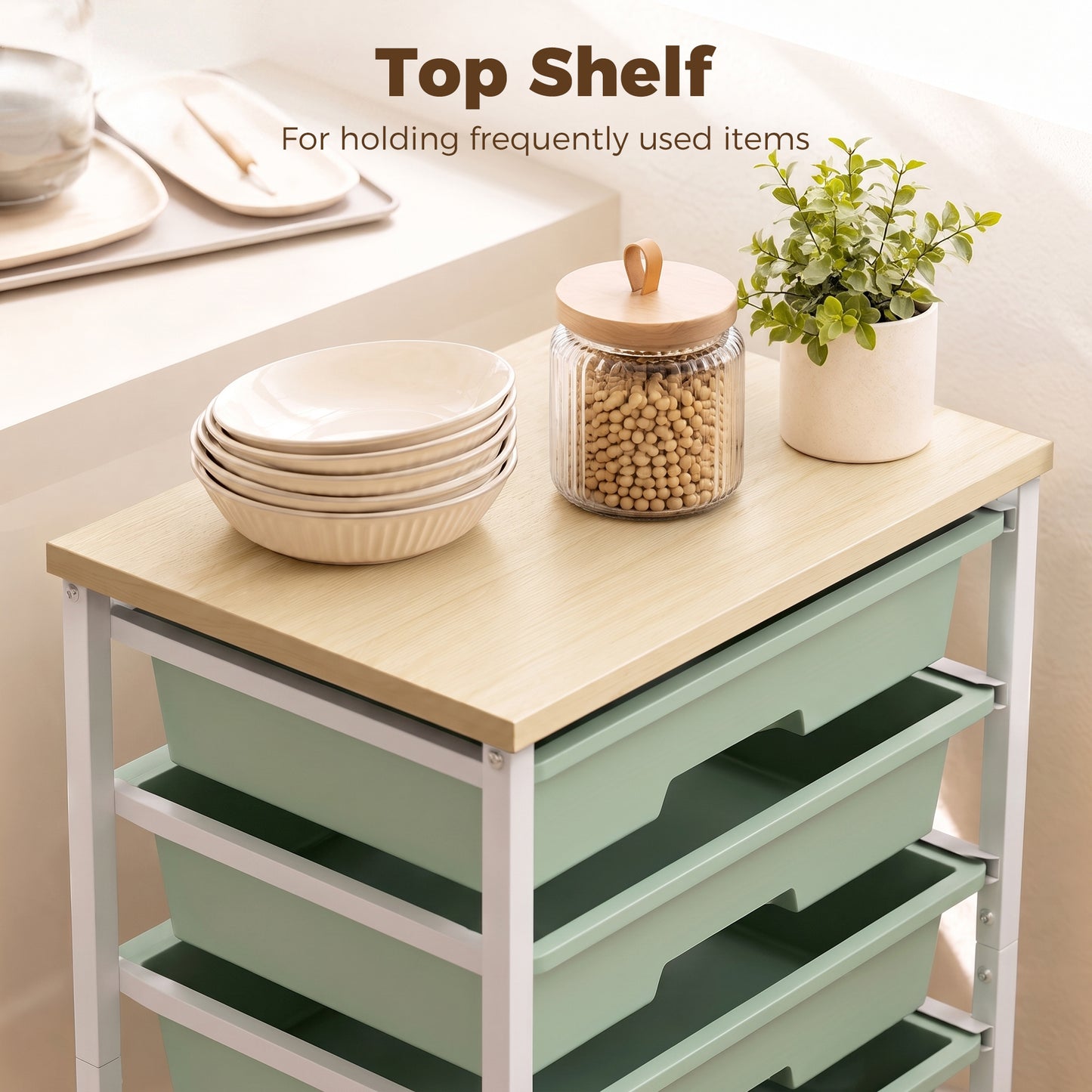 6-Tier Storage Trolley on Wheels with 5 Pull-Out Drawers, Green