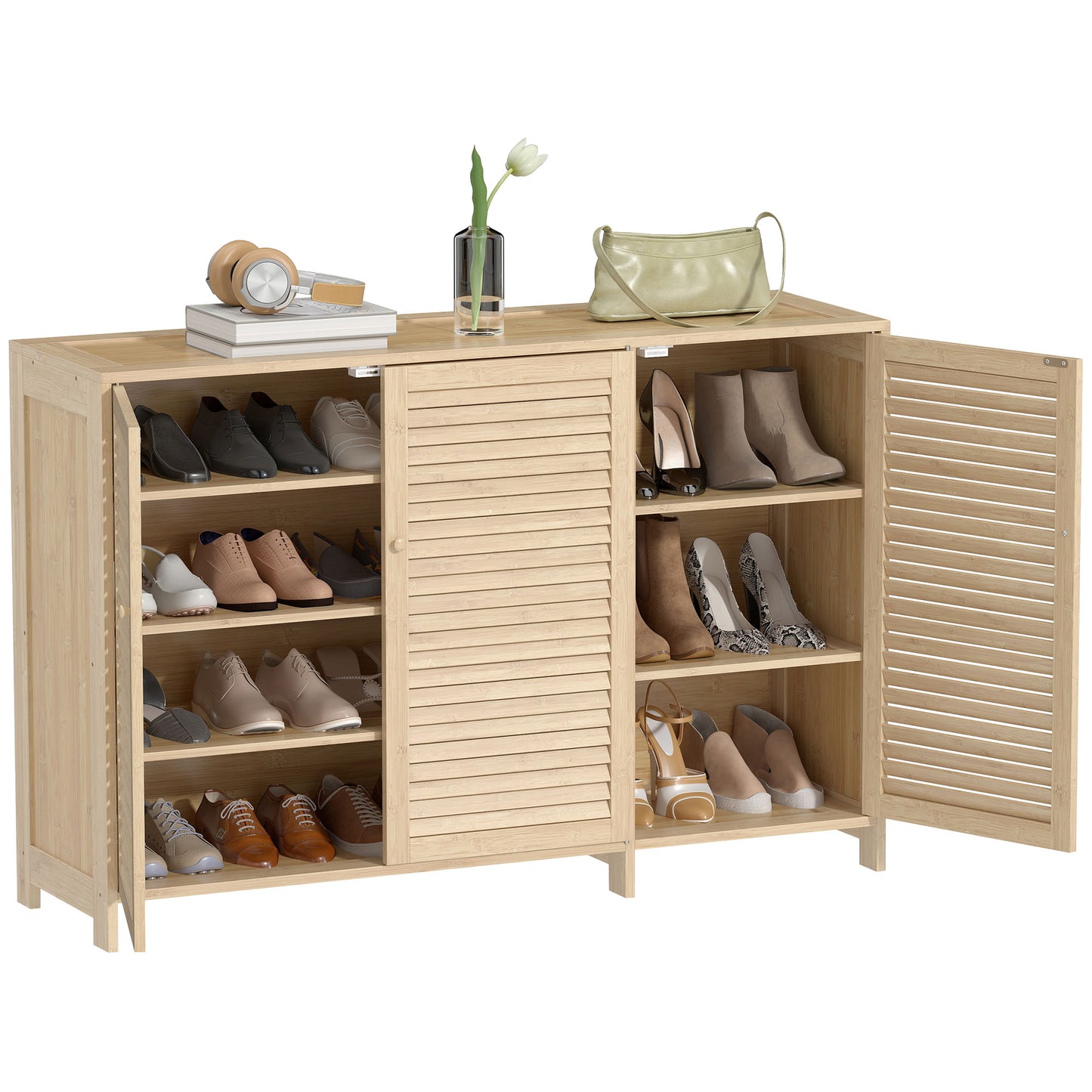 Bamboo Shoe Cabinet with Louvered Doors 18 Pairs Shoe Storage Cabinet