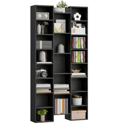 Tall Bookshelf with 21 Compartments and 10 Adjustable Shelves, Black