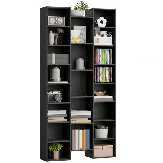 Tall Bookshelf with 21 Compartments and 10 Adjustable Shelves, Black