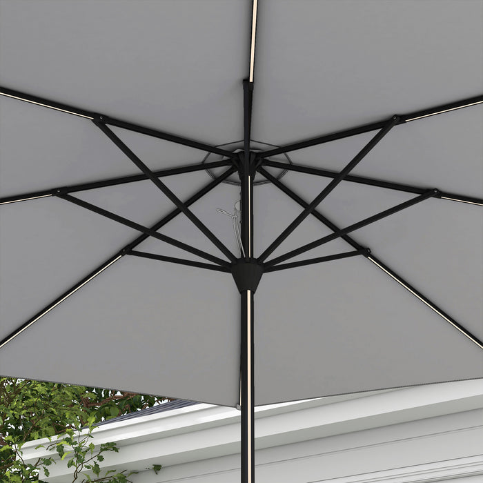 Garden Parasol with LED Lights, Solar Charged Patio Umbrella with Crank Handle, for Outdoor, Grey