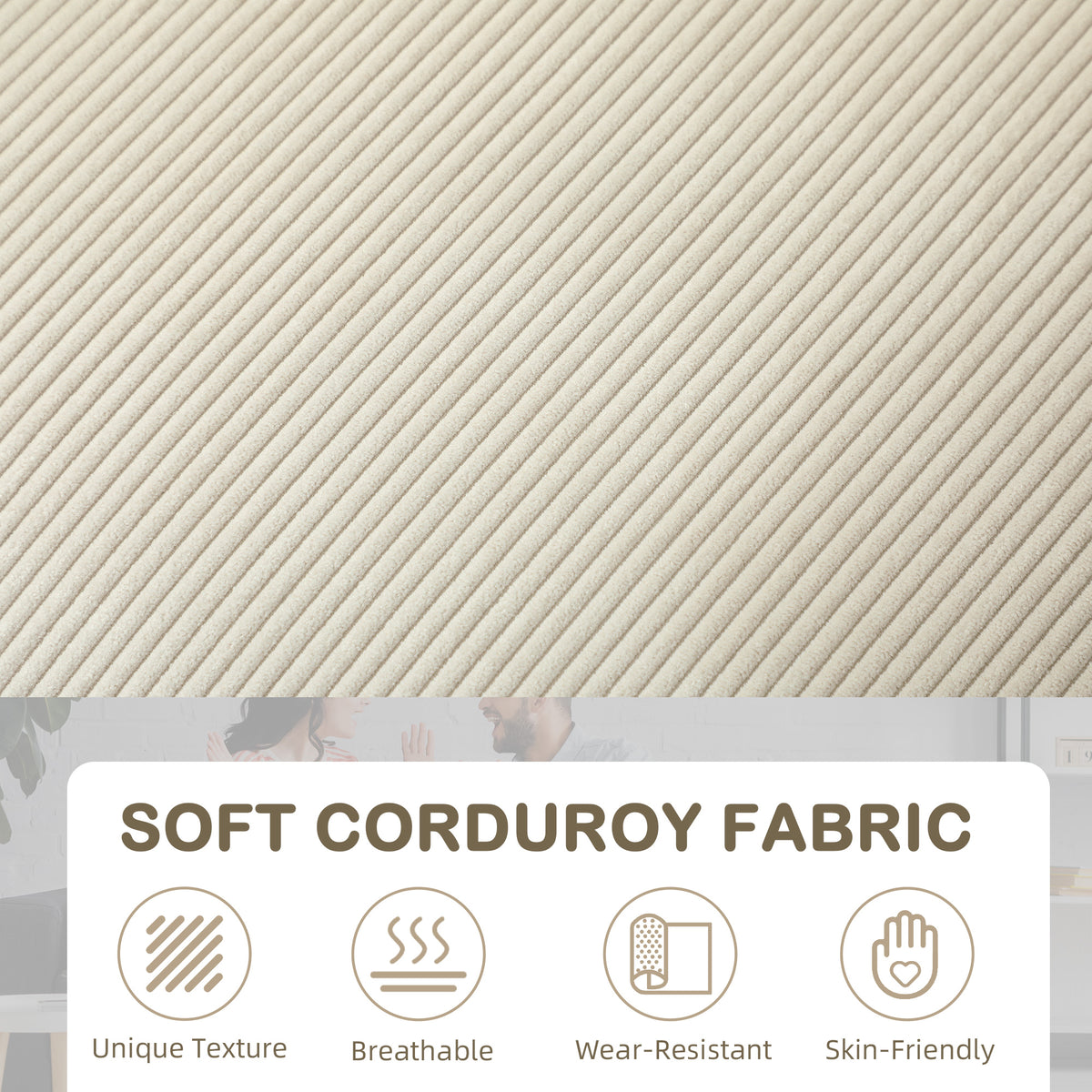 Modern 3 Seater Sofa Upholstered Corduroy Sofa Couch Cream White