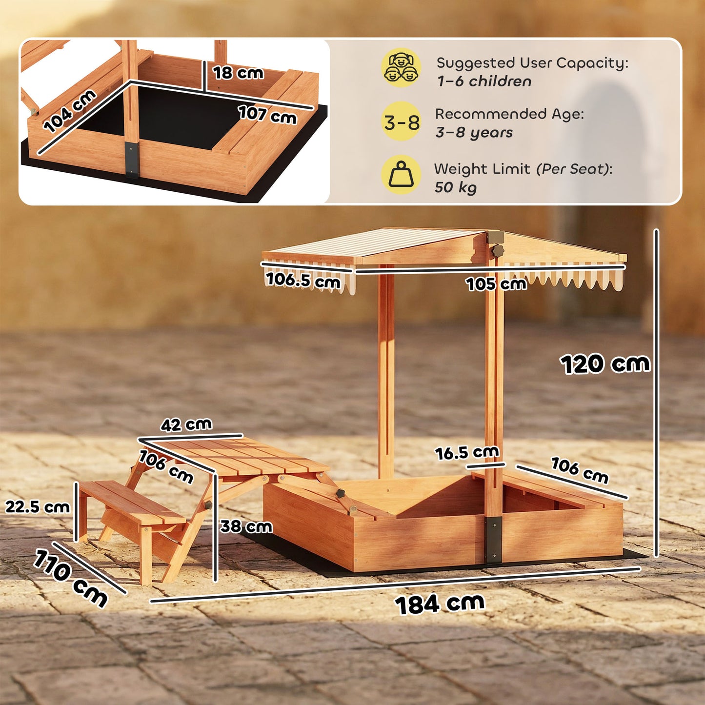 Kids Sand Pit with Lid, Wooden Sandpit with Foldable Picnic Table