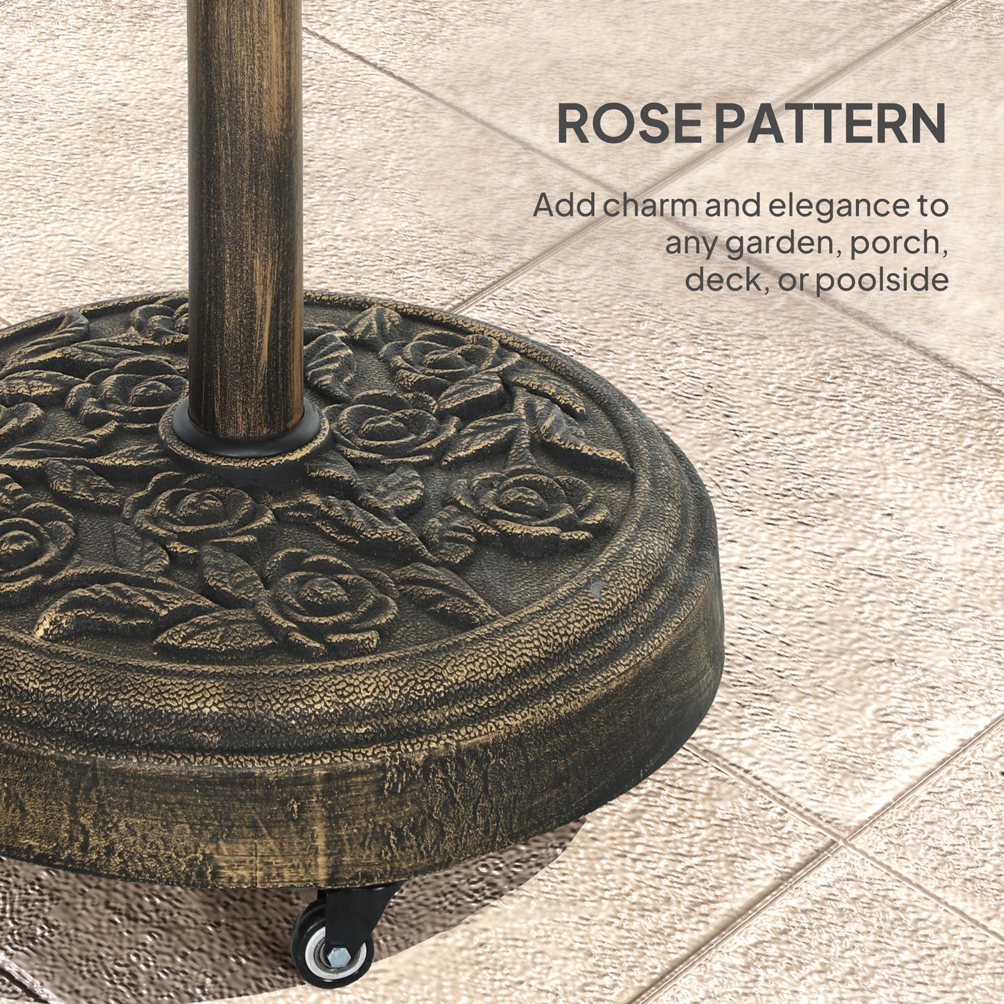 Parasol Base with Wheels, Floral Rose Pattern, Bronze